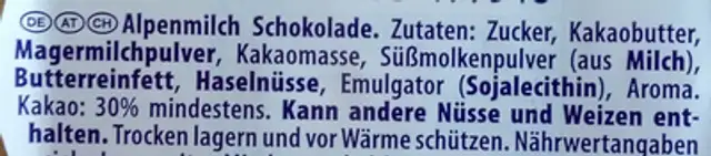 Milka Weihnachtsmann Alpenmilch ingredients label