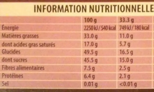 Noir pistaches caramélisées nutrition facts table