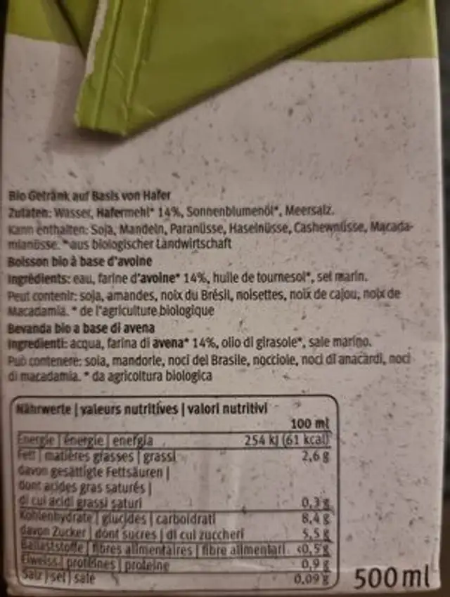 Oat drink Barista ingredients label