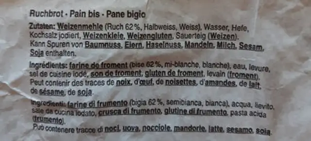 Pain Bis ingredients label
