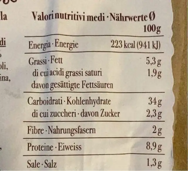Treccia Di Focaccia nutrition facts table