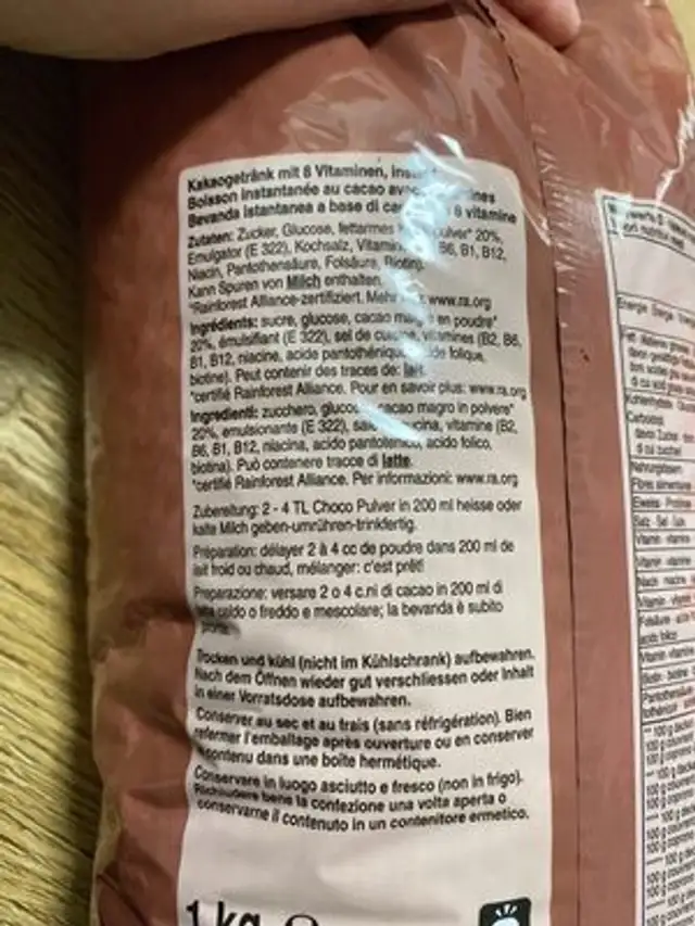 Cacao ingredients label