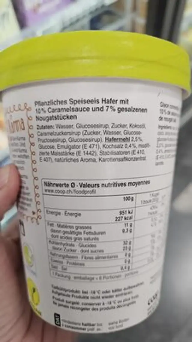 Oat freeze Salted Caramel ingredients label