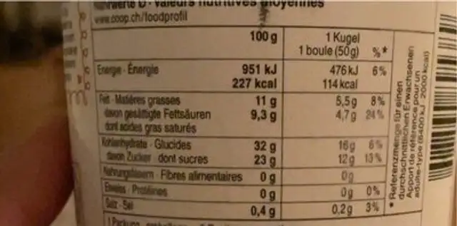 Oat freeze Salted Caramel nutrition facts table
