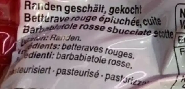 Randen, Betteraves Rouges, Barbabietole Rosse ingredients label