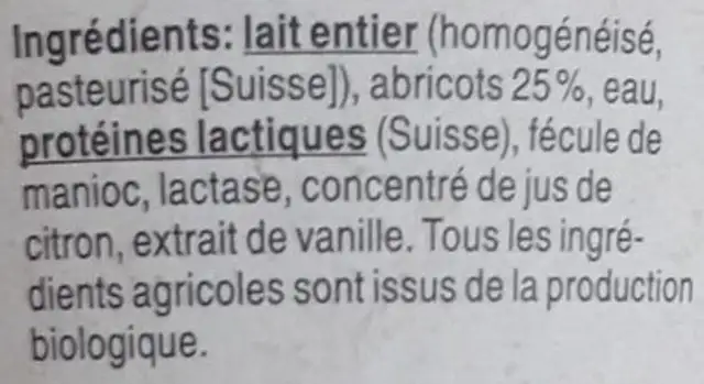 Yaourt bio abricot ingredients label