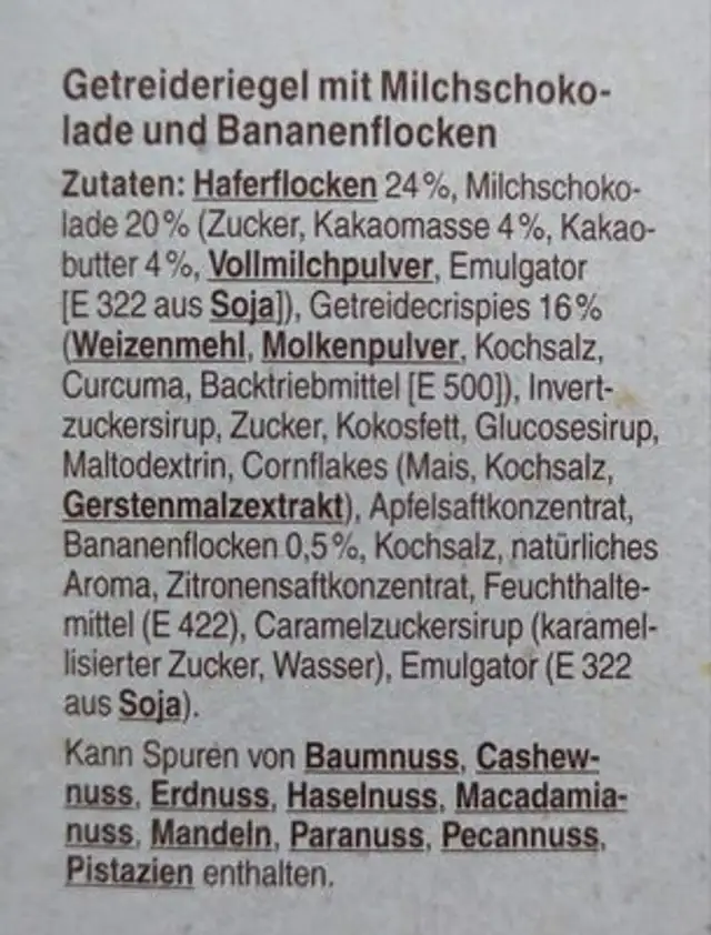 Choco Banana Müesliriegel ingredients label