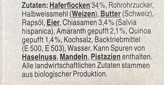 Biscuits avoine ingredients label