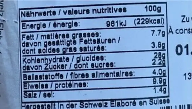 Most Möckli nutrition facts table