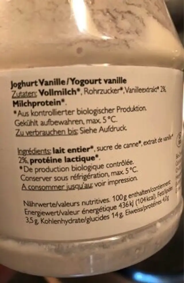 Organic Joghurt ingredients label
