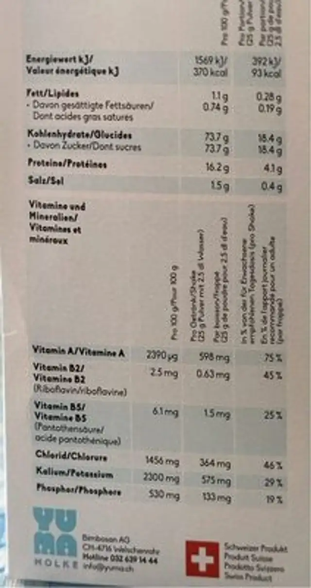 Yuma molke nutrition facts table