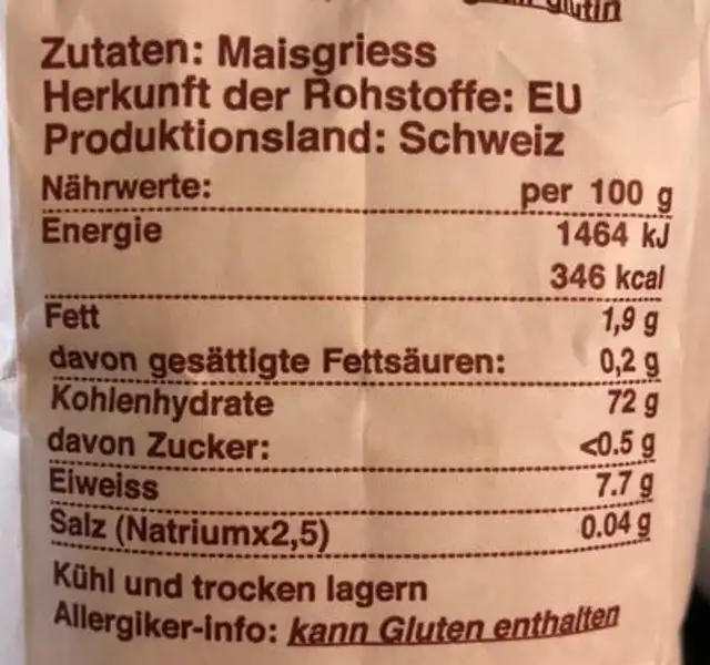 Bündner Bramata nutrition facts table