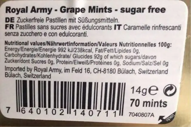 Sugarfree nutrition facts table