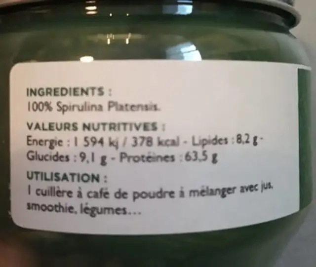 Poudre De Spiruline Bio ingredients label
