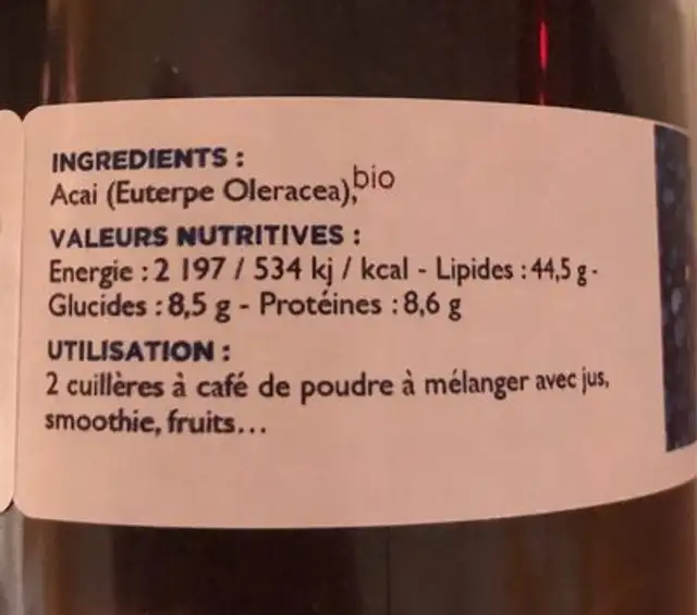 Poudre d'acai nutrition facts table