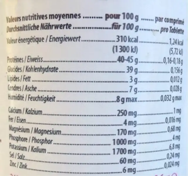 Levure de Bière nutrition facts table