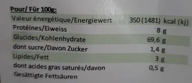 Farine de maïs nutrition facts table