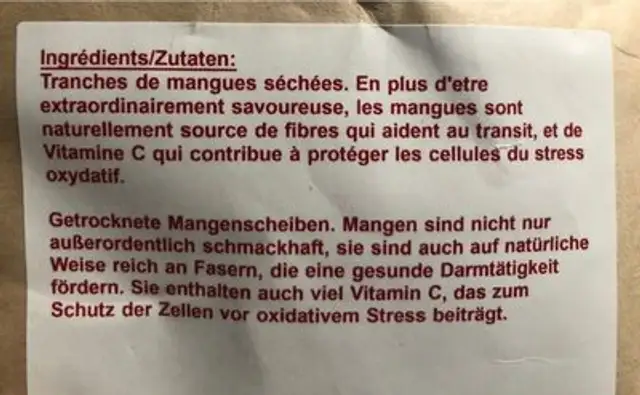 Mango ingredients label