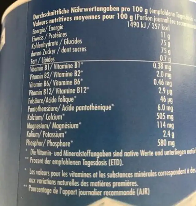 Petit-lait vanille nutrition facts table