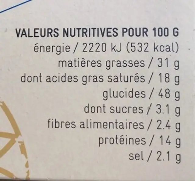 bricelet aperitif nutrition facts table