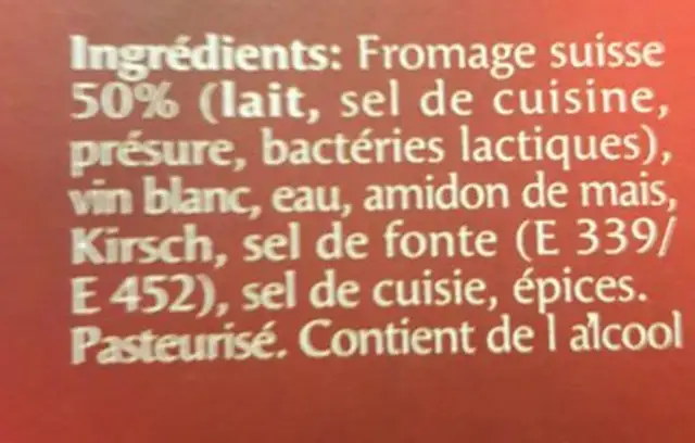 Hardegger Fondue "family" ingredients label