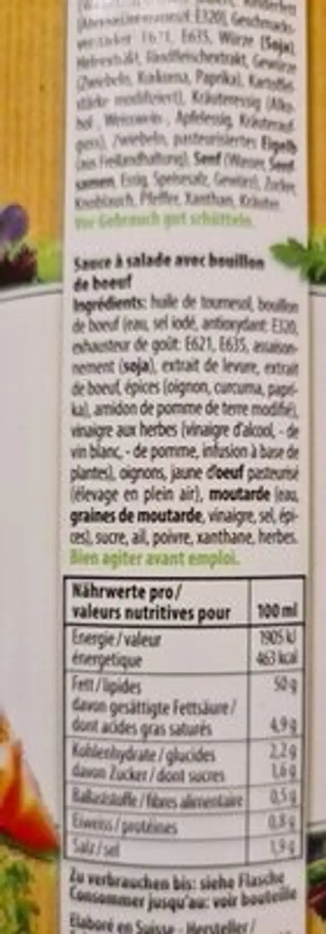 Gourmet French Dressing nutrition facts table