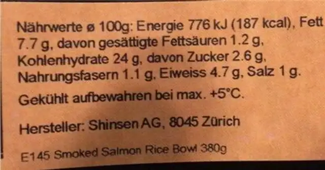 Smoked Salmon Rice Bowl nutrition facts table