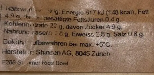Summer rice bowl nutrition facts table