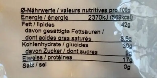 Noix de cajou nutrition facts table
