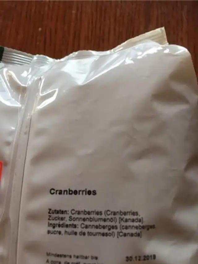 Cranberies ingredients label
