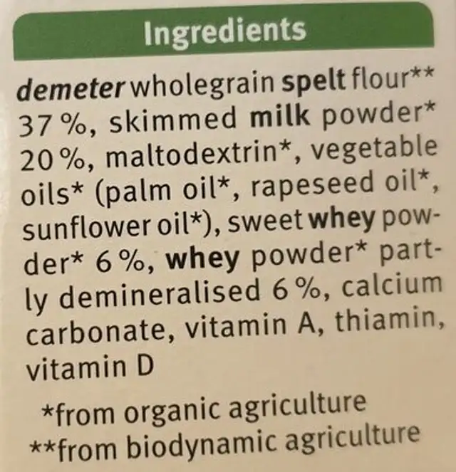 Organic milk cereal ingredients label