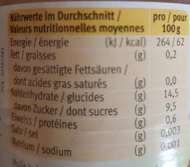 Apfel & Pfirsich nutrition facts table