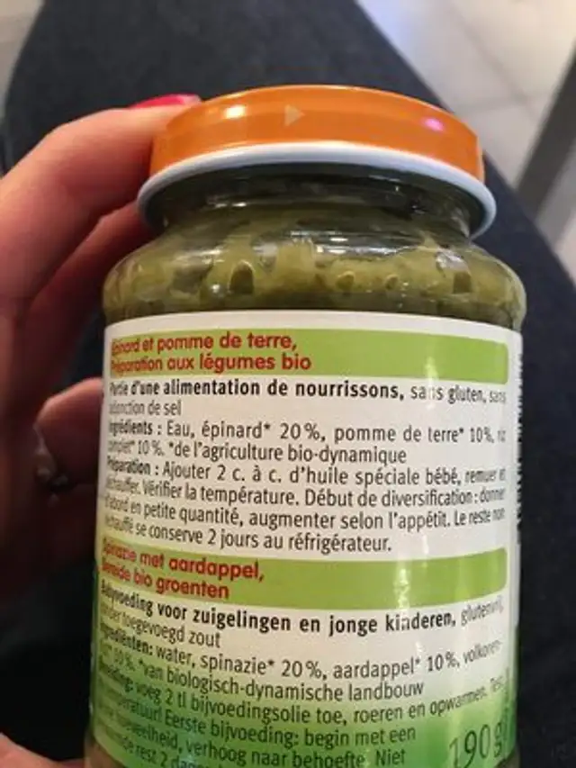 Petit Pot Epinard PDT ingredients label