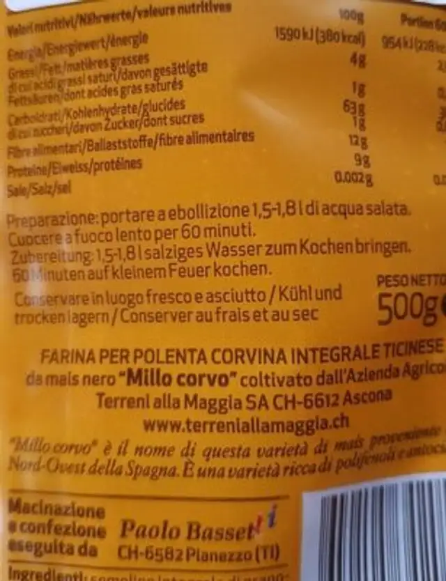 Polenta Corvina integrale nutrition facts table