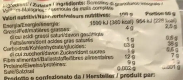 Polenta nutrition facts table
