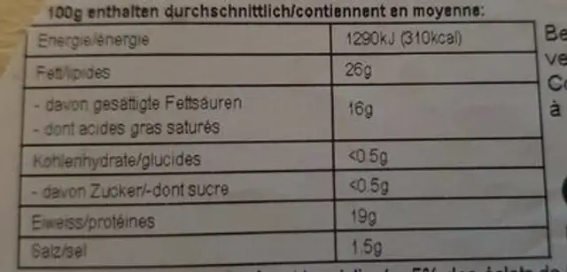 Moser aux noix nutrition facts table
