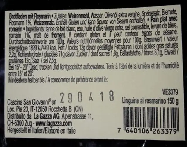 Linguine au romarin ingredients label