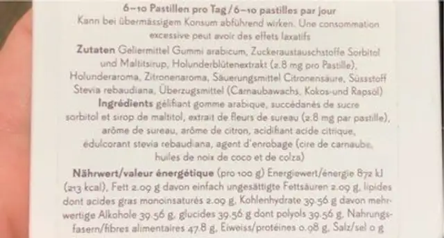 bonbon pour le cou, la gorge et la voix nutrition facts table