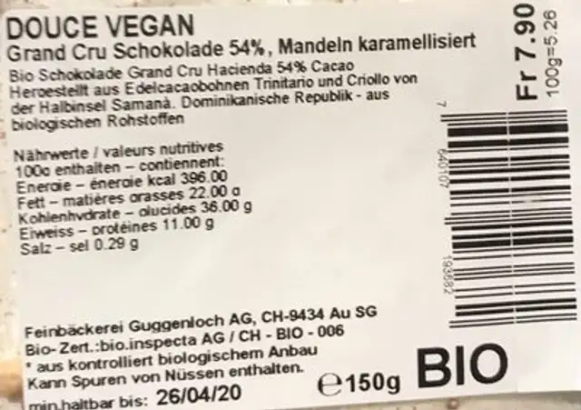 Douce Chocolat nutrition facts table