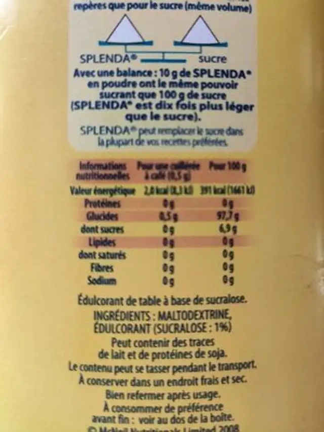 Splenda édulcorant nutrition facts table