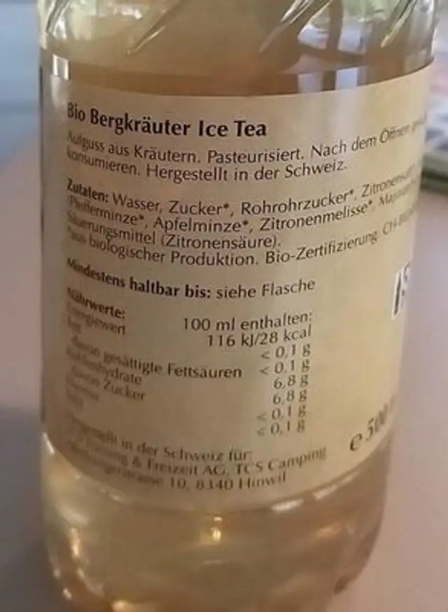 Ice tea nutrition facts table