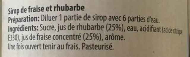 Sirop 50% fruit Fraise-rhubarbe ingredients label