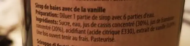 Sirop baies-vanille ingredients label