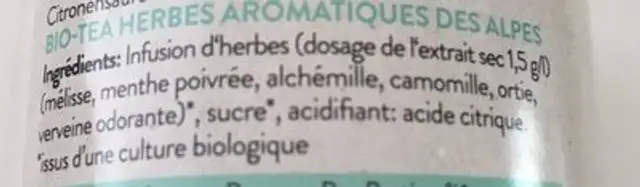 Alpine Ice Tea ingredients label
