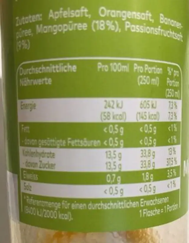 Smoothie mango-passionsfrut nutrition facts table