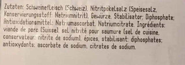 Vorderschinken ingredients label