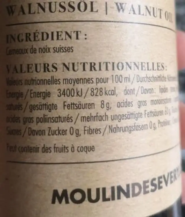 Huile n°002 noix nutrition facts table