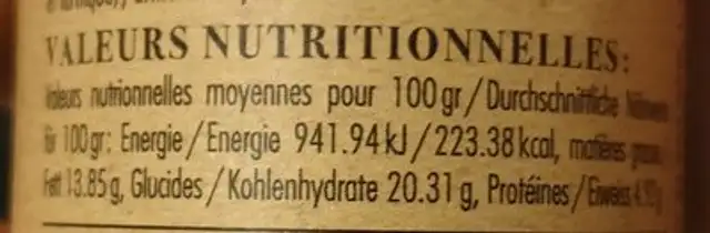 Moutarde douce à la raisinée nutrition facts table