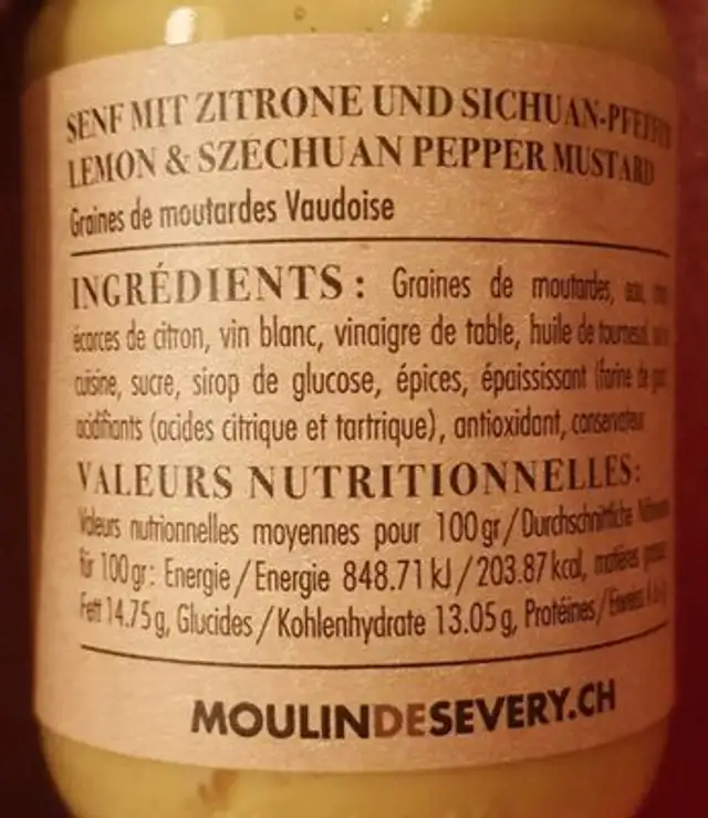 Moutarde au citron et poivre de sichuan nutrition facts table