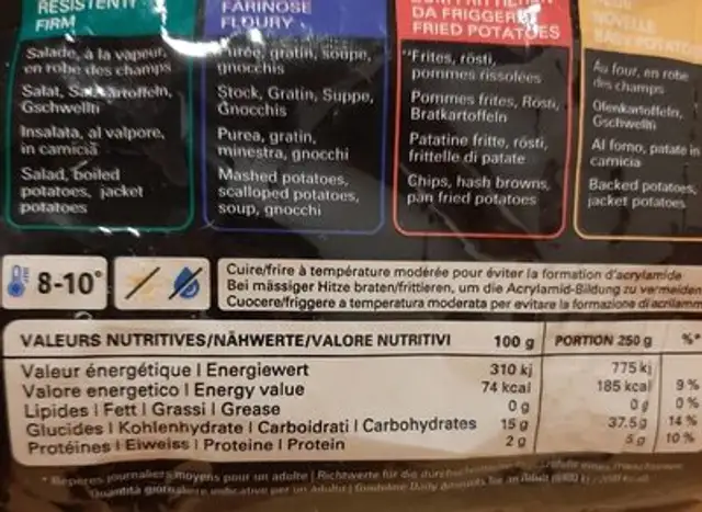 Pomme de terre raclette nutrition facts table